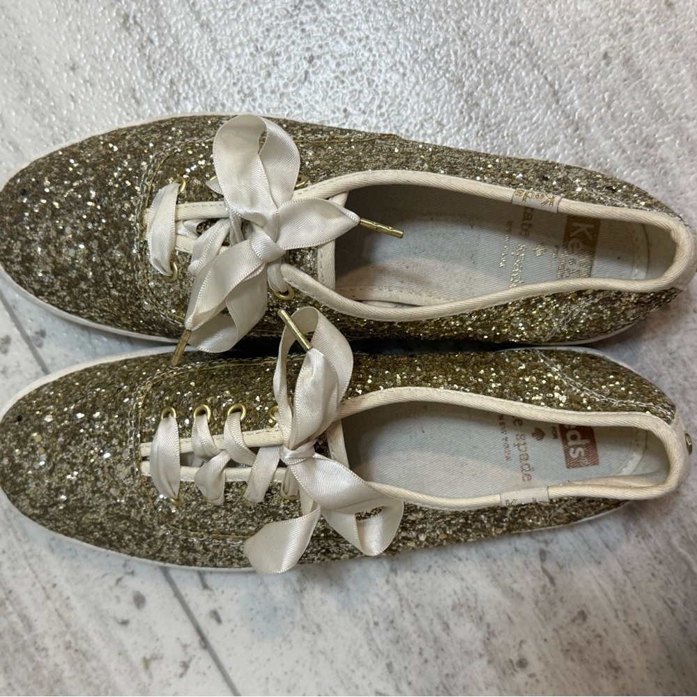 Kate Spade x Keds Gold Glitter Sneakers Satin Lace Size 7.5 - Picture 7 of 9